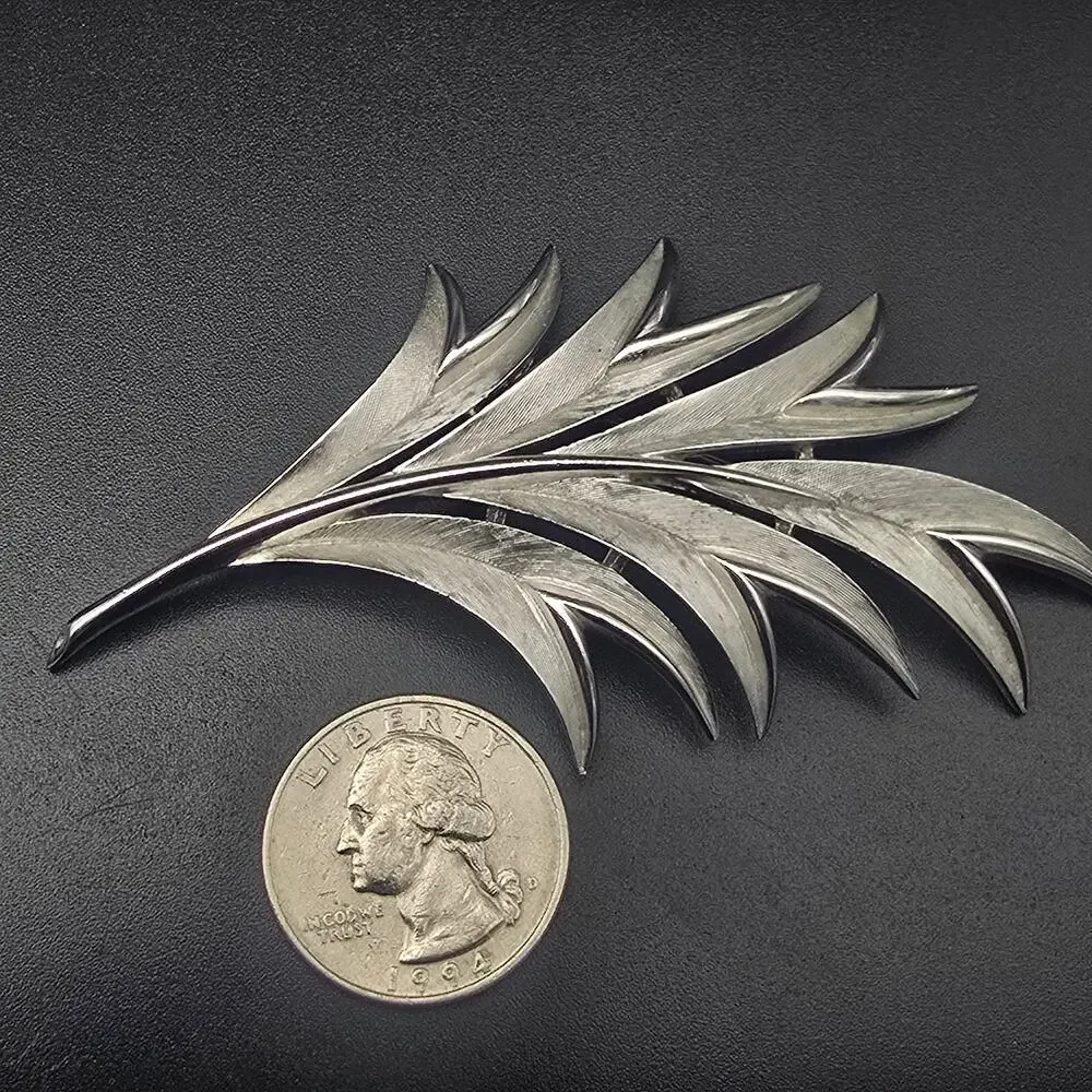 Crown Trifari Silver Tone Leaf Brooch Vintage Costume Jewelry